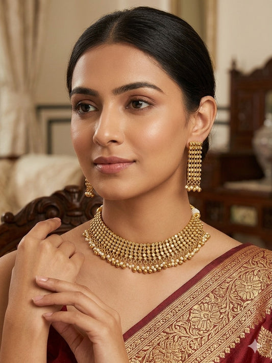 MANDAKINI GOLD PLATED HANDMADE BRASS NECKLACE WITH EARRINGS