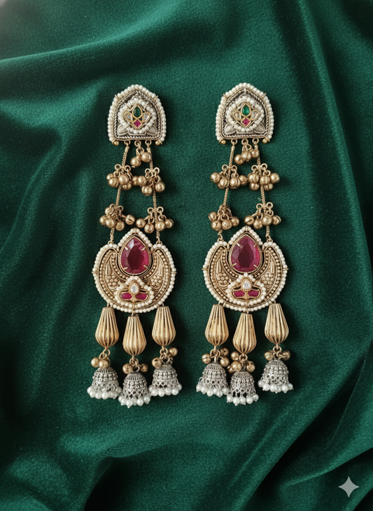 LADLI RED DOUBLET LONG KASHMIRI EARRINGS FOR WOMEN