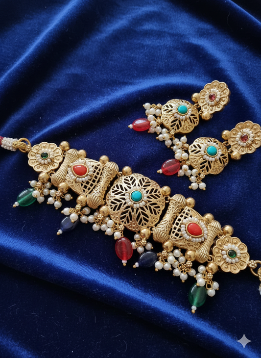 RUNJHUN GOLD PLATED MULTI CHOKER SET FOR WOMEN