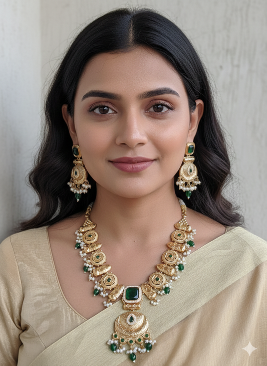 POORVI LONG GOLD PLATED GREEN SAMIPRESIOUS STONE NECKLACE SET FOR WOMEN