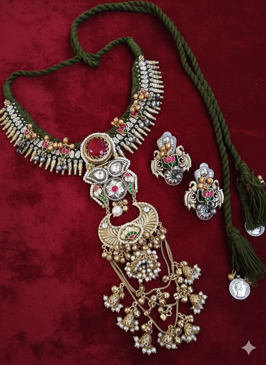 GUNJ FUSION STATEMENT KASHMIRI NECKLACE SET WITH EARRINGS FOR WOMEN