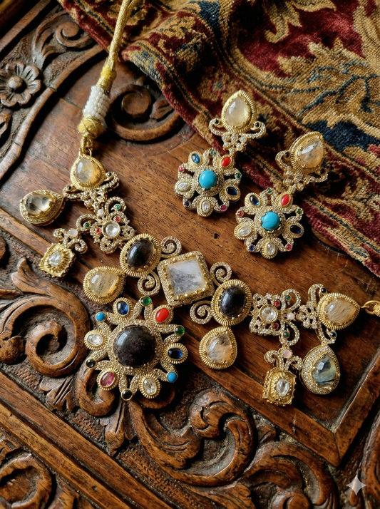 SAHAR STATEMENT FIRE STONE NECKLACE WITH EARRINGS FOR WOMEN