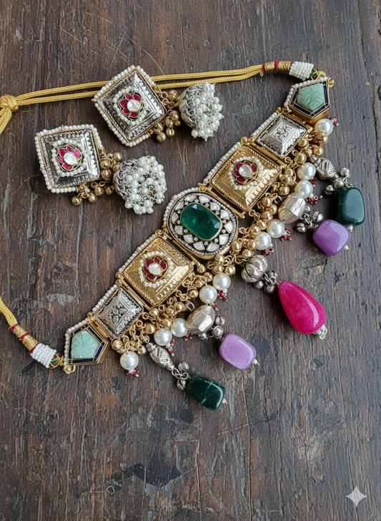 PARI GREEN DOUBLET KASHMIRI GOLD PLATEDCHOKER IN PREMIUM QUALITY
