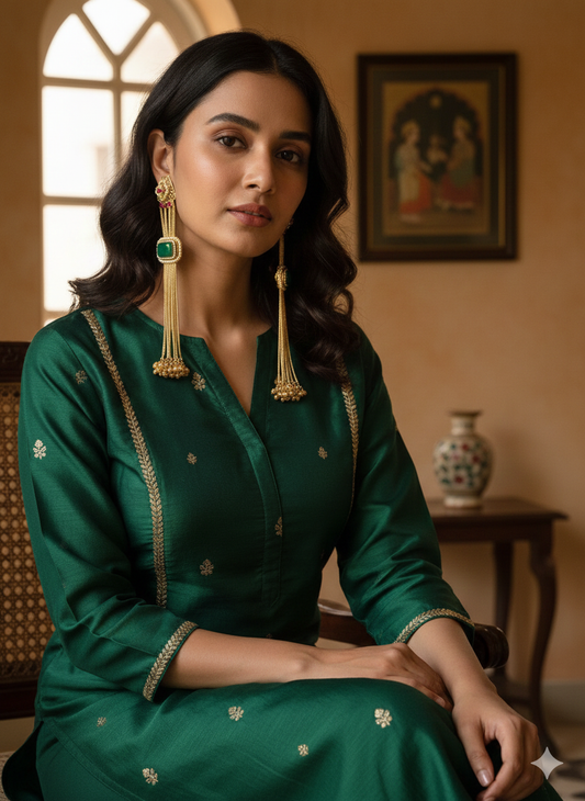 MARYA LONG GOLDPLATED GREEN DOUBLET EARRINGS FOR WOMEN