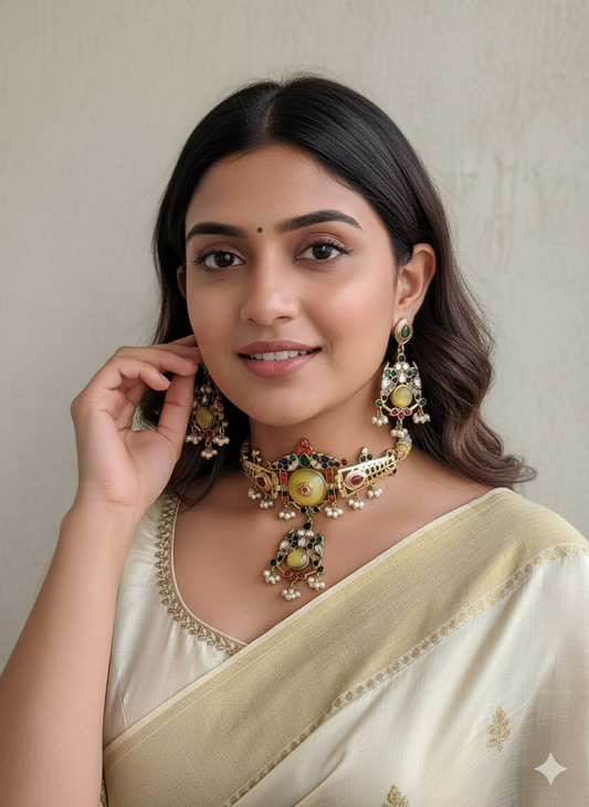 TAVISHA 24 CARAT GOLD PLATED YELLOW CHOKER SET WITH EARRINGS