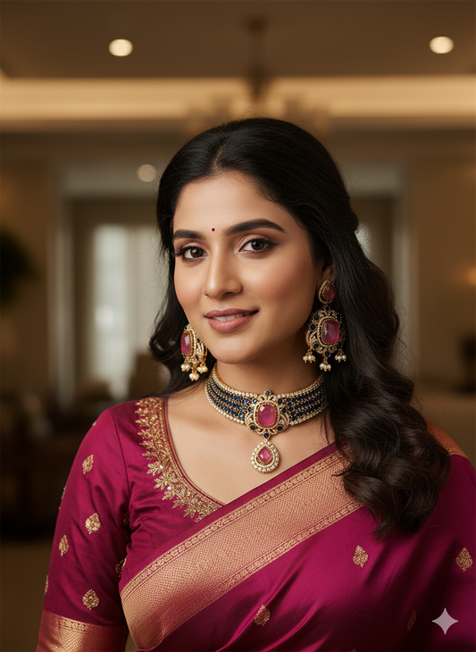 KAVERI PINK BLUE DOUBLET NECKLACE WITH EARRINGS FOR WOMEN