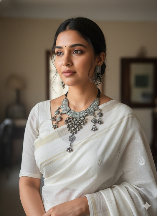 LAXMI HANDMADE SILVER NECKLACE SET WITH EARRINGS