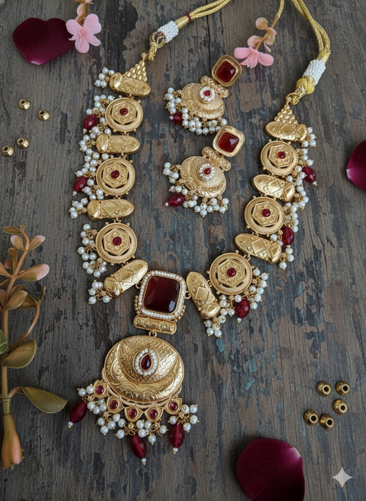 POORVI LONG GOLD PLATED RED SAMIPRESIOUS STONE NECKLACE SET FOR WOMEN