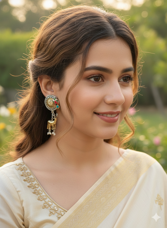 GOLDEN HANGING DEER RED GREEN LONG EARRINGS FOR WOMEN