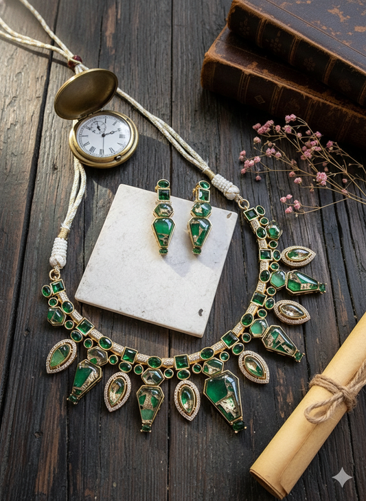 NIRALI NATURAL STONE GOLD PLATED GREEN NECKLACE WITH ARRINGS