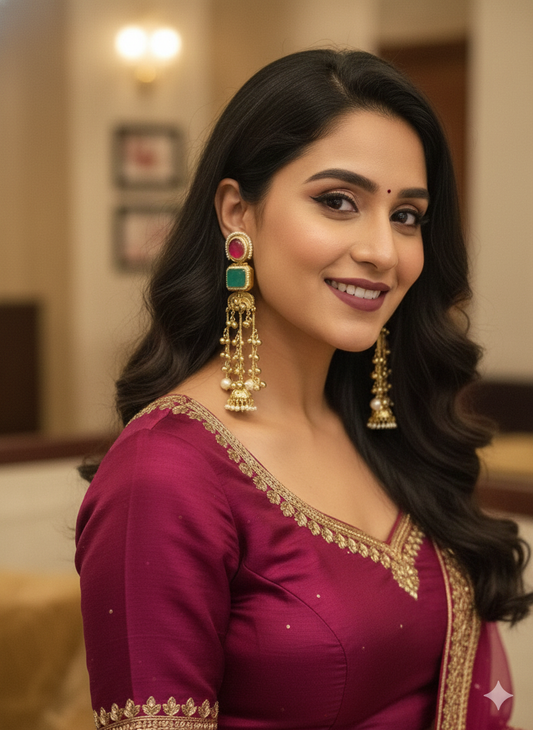 NAZAKAT LONG MINT,RUBY KASHMIRI GHOONGROO EARRING FOR WOMEN