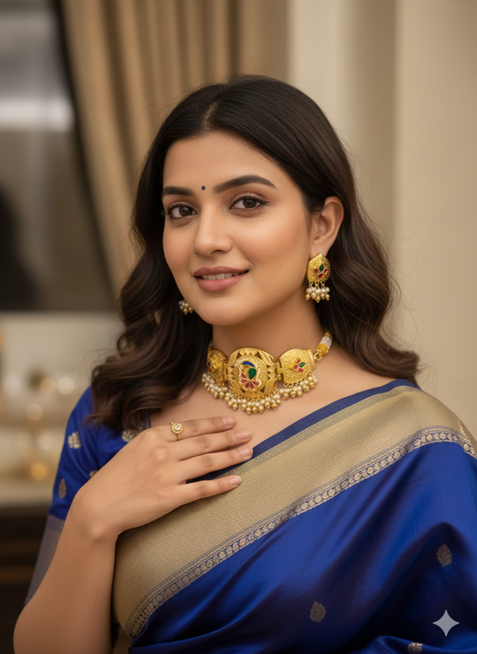 KAMINI GOLD PLATED KUNDAN CHOKER WITH EARRINGS