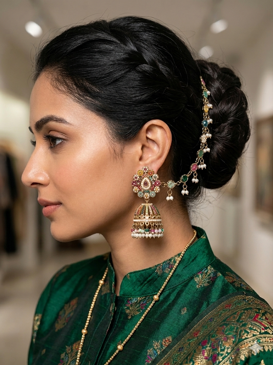 RIMJHIM JADAU NAVRATAN EARRINGS WITH EARCHAIN FOR WPMEN