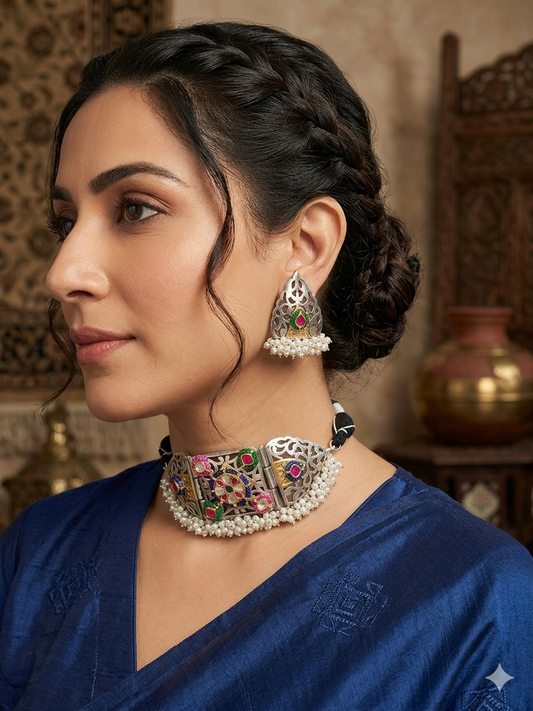 RAAG KUNDAN FUSION BRASS STATEMENT CHOKER SET WITH EARRINGS