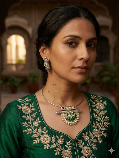 DHOLNA SILVER PLATED FUSION HASLI SET WITH EARRINGS