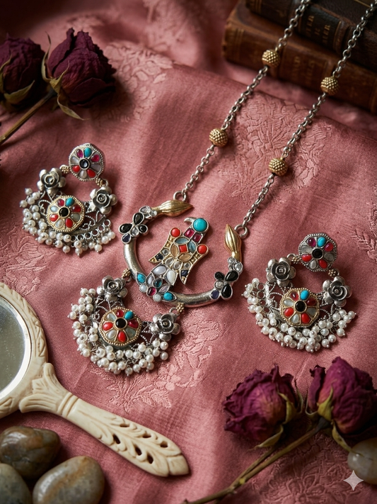 APSARA LONG DUALTONE NAVRATAN PENDENT SET WITH EARRINGS FOR WOMEN