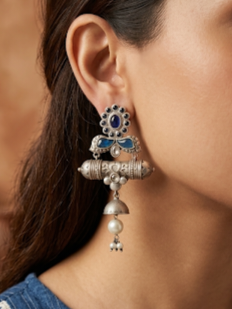 SAKHI SILVER PLATED BLUE LONG EARRINGS FOR WOMEN