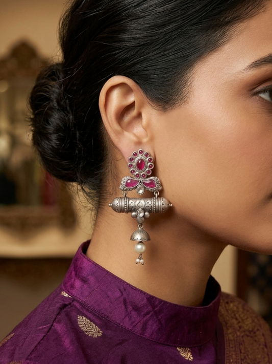 SAKHI SILVER PLATED RED LONG EARRINGS FOR WOMEN