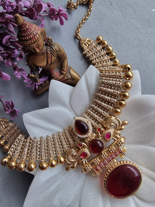 RAMYA 24 CARAT GOLD PLATED RED NECKLACE SET WITH EARRINGS
