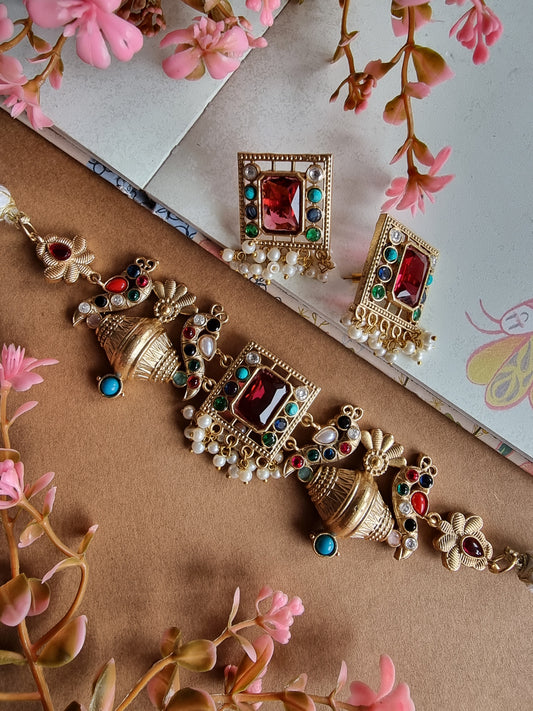 CHARULATA GOLD PLATED NAVRATAN CHOKER SET FOR WOMEN