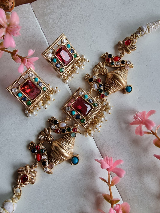 CHARULATA GOLD PLATED NAVRATAN CHOKER SET FOR WOMEN