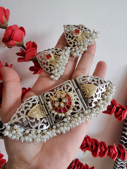 White Beads Work Oxidised Dual Choker For Women