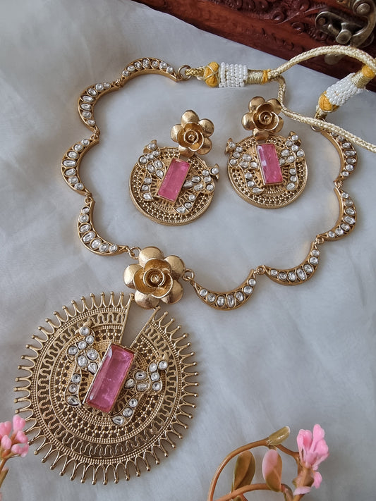 CHAKRA GOLD PLATED NECKLACE SET WITH EARRINGS