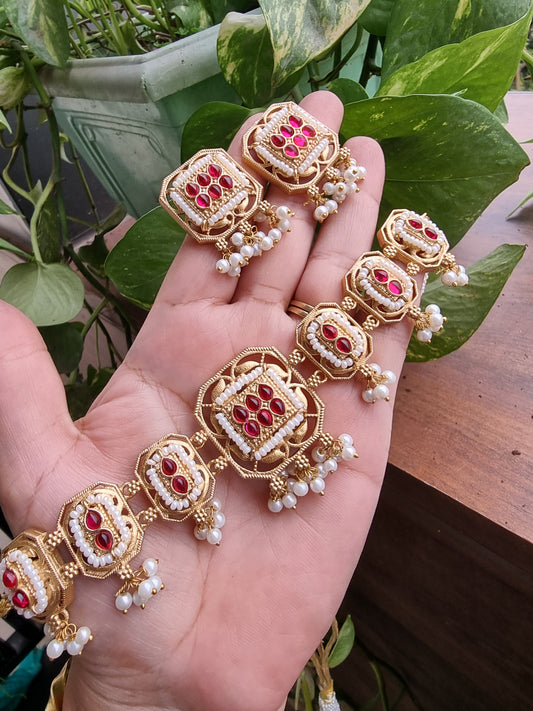 ANAHIRA GOLD PLATED RED KEMP STONE CHOKER SET WITH EARRINGS