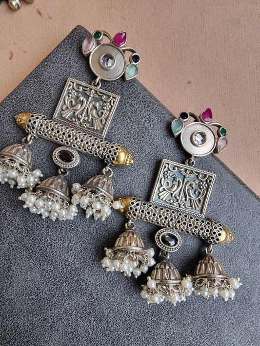 KEHKASH DUAL TONE LONG MULTI COLOR EARRINGS FOR WOMEN