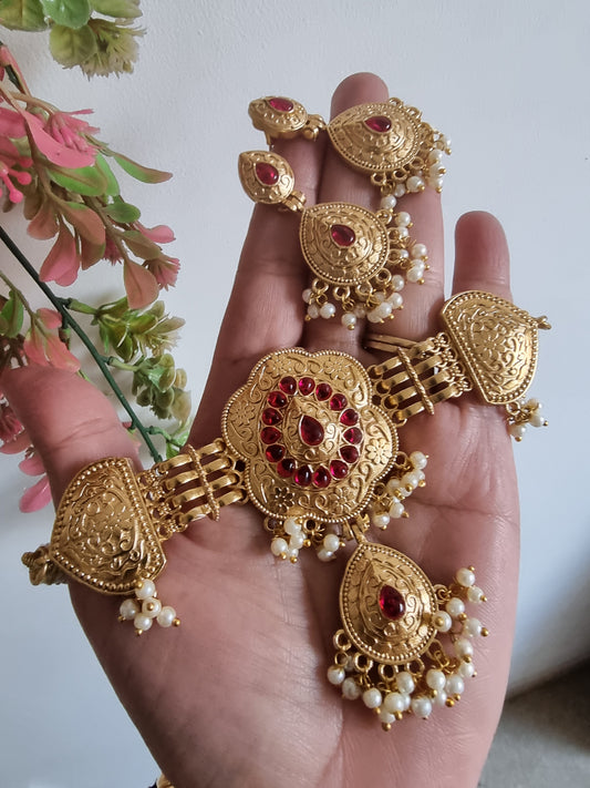 DEVDETI GOLD PLATED RUBY CHOKER SET FOR WOMEN