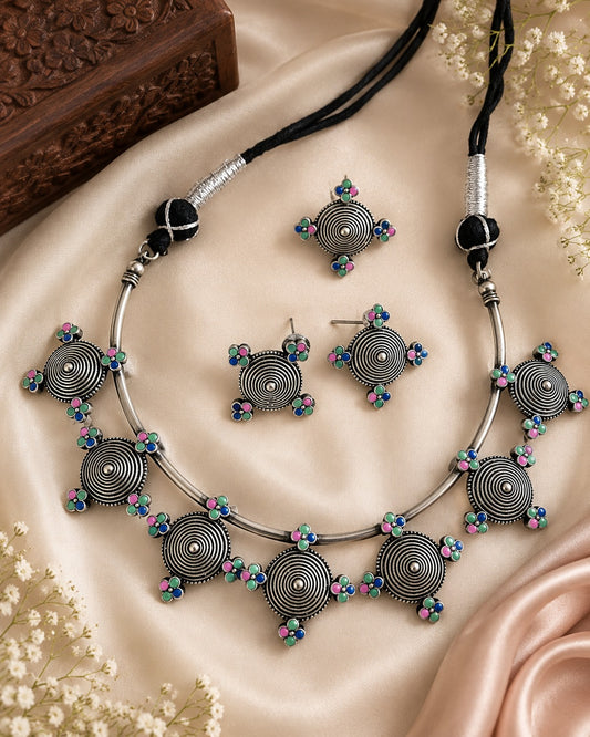 BAWRI OXIDIZED BRASS MEENAKARI HASLI WITH EARRINGS AND FINGERRING