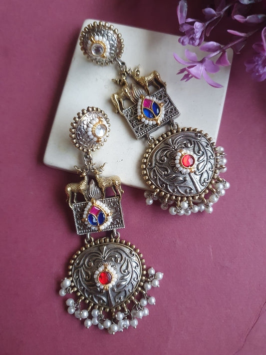 ANJULI DUAL TONE SILVER PLATED KUNDAN EARRINGS