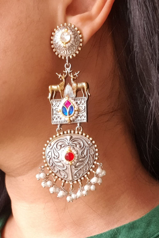 ANJULI DUAL TONE SILVER PLATED KUNDAN EARRINGS