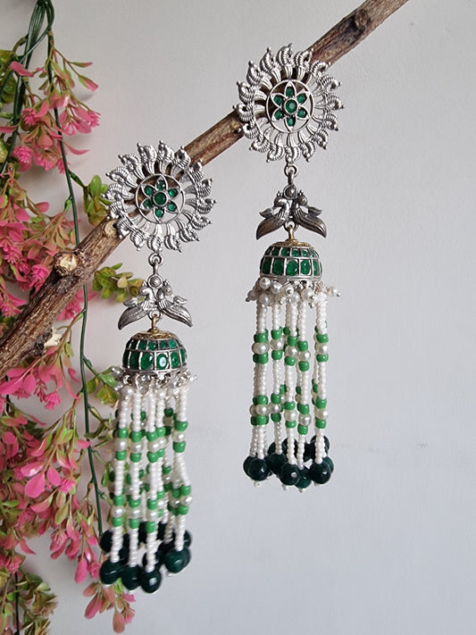Aarahi Green Tassel Earring With Pearls