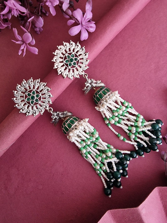 Aarahi Green Tassel Earring With Pearls