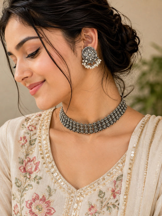 CHANDI SILVER PLATED FLEXIBLE NECKLACE WITH EARRINGS
