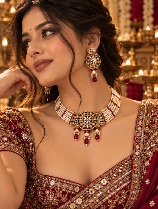 SARASWATI PEARL KUNDAN NECKLACE WITH EARRINGS