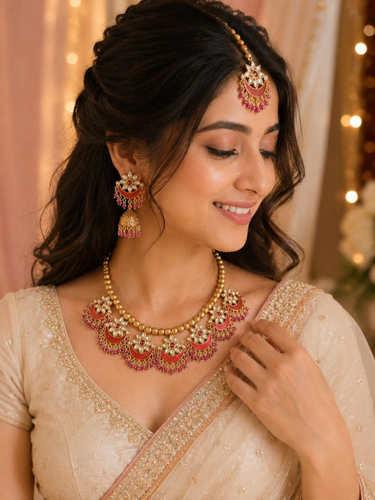 DAGINE KUNDAN MEENA NECKLACE WITH MANGTIKA AND EARRINGS