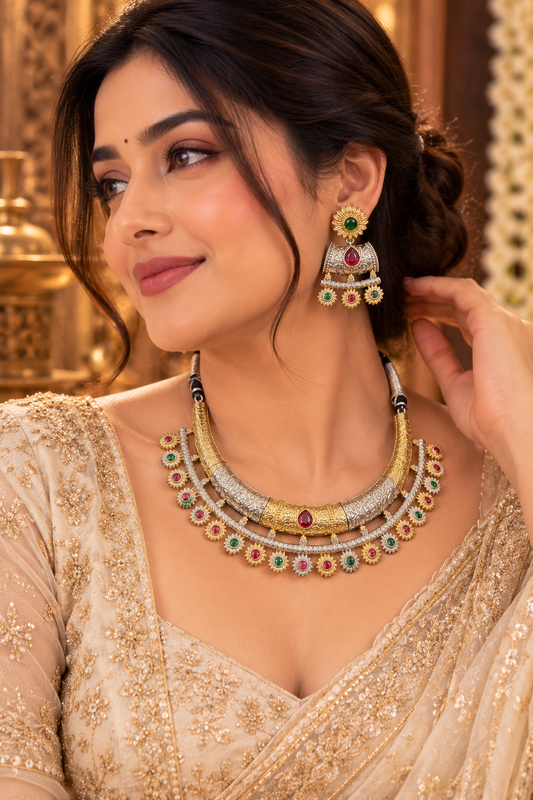 VAIDURYA DUALTONE MULTICOLOUR STONE HERITAGE NECKLACE SET WITH EARRINGS