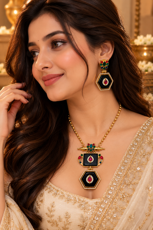 VARNIKA Hexagon Pendant Statement Necklace Set with Earrings