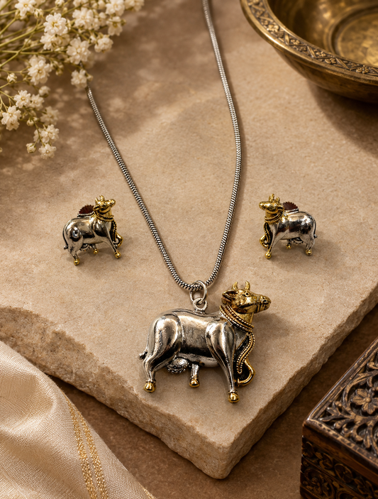 VRISHABH DUALTONE SILVER GOLD COW PENDENT SET WITH EARRINGS