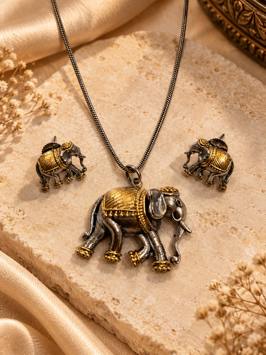 GAJENDRA DUALTONE ANTIQUE SILVER GOLD ELEPHANT PENDENT SET WITH EARRINGS