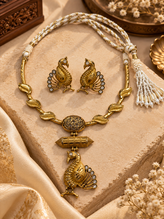 MAYURAKSHI GOLD-TONE PEACOCK MOTIF NECKLACE SET WITH EARRINGS