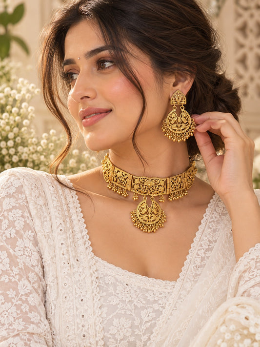 MALHAAR CUTWORK GOLD PLATED BRASS CHOKER SET FOR WOMEN