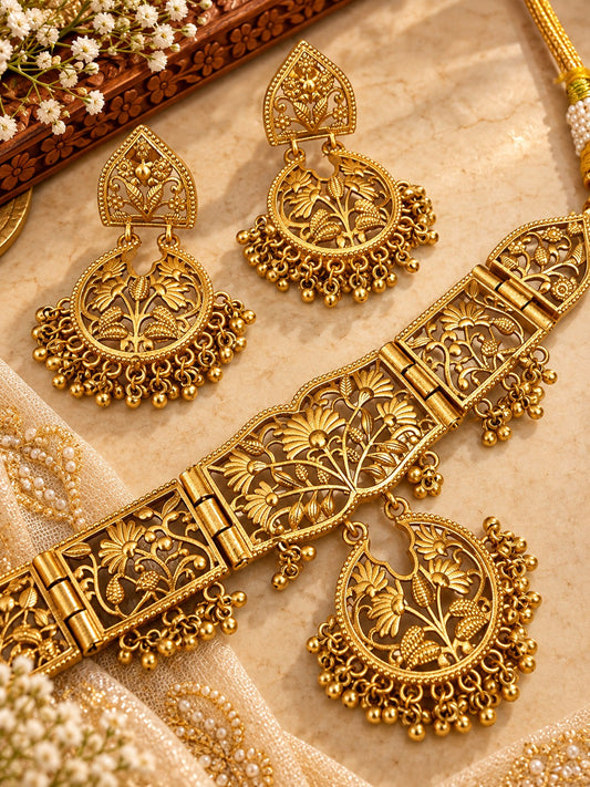 MALHAAR CUTWORK GOLD PLATED BRASS CHOKER SET FOR WOMEN