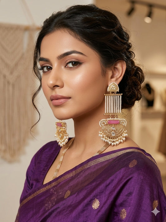 AROHA PINK , WHITE COLOR GOLD PLATED LONG EARRINGS FOR WOMEN