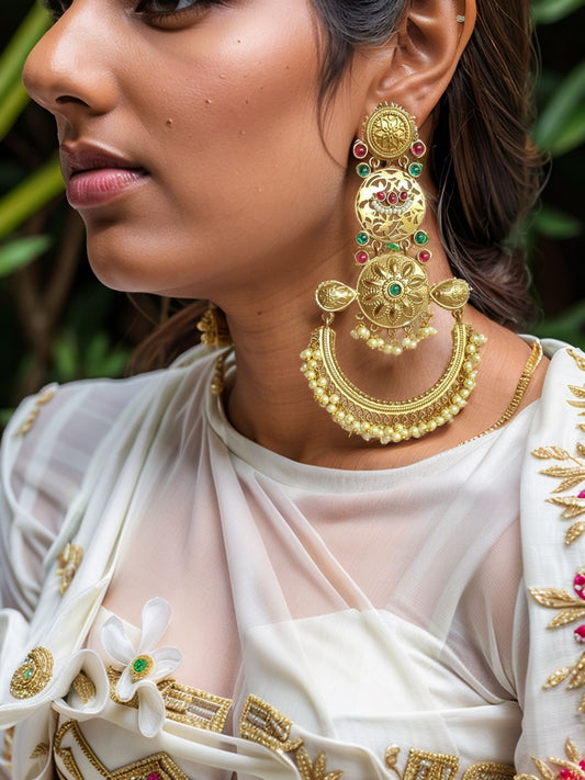 Gold Plated White Beads Work Earrings For Women