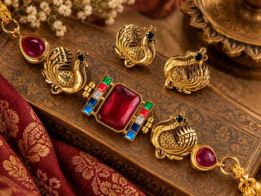 RED PEACOCK GOLDPLATED BRASS CHOKER SET FOR WOMEN