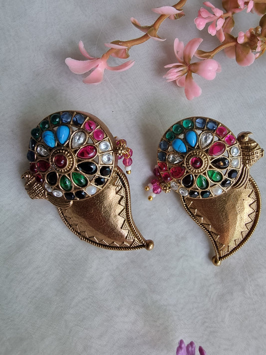 AMBIKA MATT GOLD PLATED NAVRATAN EARRINGS FOR WOMEN