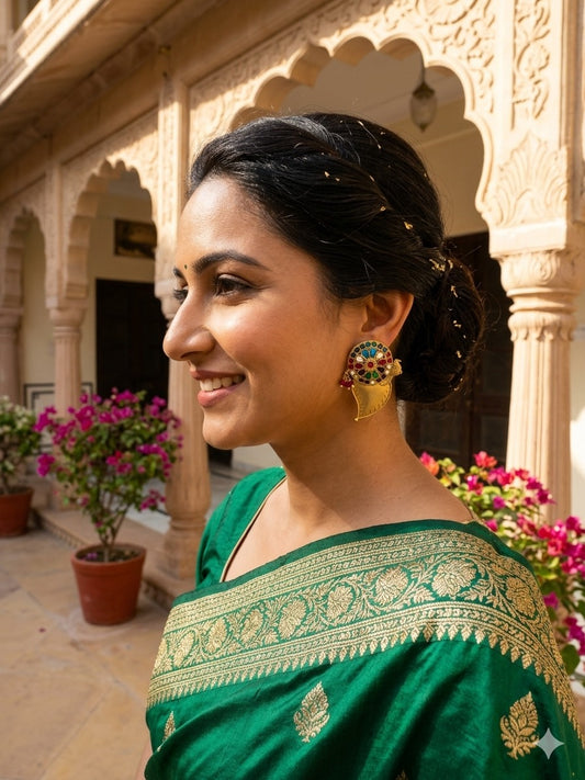 AMBIKA MATT GOLD PLATED NAVRATAN EARRINGS FOR WOMEN